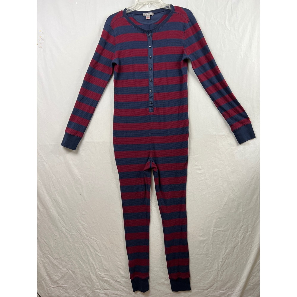 J.Crew Union Suit Women Medium Navy Burgundy Striped Waffle Knit Henley Pajamas